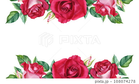 Horizontal banner, frame with red rose blooms, buds and leaves. Watercolor Illustration isolated on white for cards, invitation 108074278