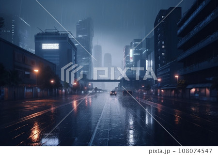 AI-generated content. Cyberpunk neon city night, Dark rainy evening with skyscrapers 108074547