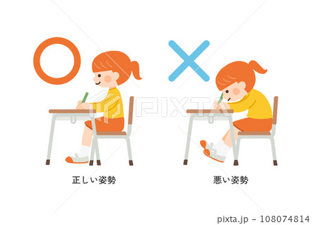 子供の良い姿勢と悪い姿勢のイラスト素材 108074814