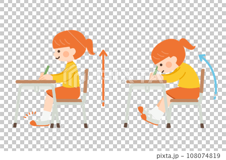 子供の良い姿勢と悪い姿勢を比較したイラスト素材 108074819