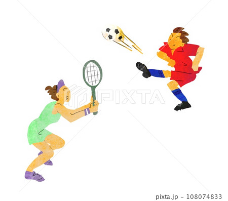 サッカーをしている男性とテニスをしている女性 108074833