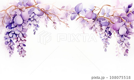 Watercolor wisteria with gold leaves, frame on white background with copy space Watercolor wisteria with gold leaves, frame on white background with copy space 108075518