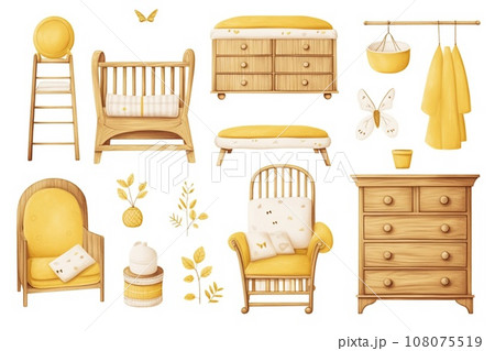 Watercolor set of yellow baby furniture in a Scandinavian style, featuring natural materials and minimalism. Watercolor set of yellow baby furniture in a Scandinavian style, featuring natural materials and minimalism. 108075519