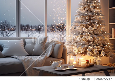 Christmas, white modern living room with a snowy forest outside the window. Modern interior design 108075547