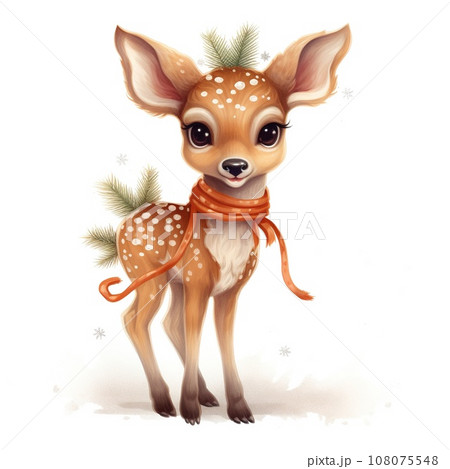 Christmas little deer watercolor in beautiful style. Cartoon illustration on white background 108075548