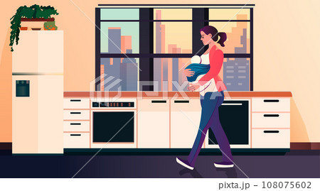 young woman holding newborn child motherhood concept modern kitchen interior horizontal young woman holding newborn child motherhood concept modern kitchen interior horizontal 108075602