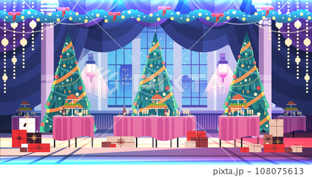 christmas tree and gifts in decorated restaurant new year winter holidays celebration concept horizontal 108075613