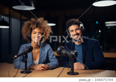 Beautiful multiethnic blogger couple hosting a podcast in a studio. Smiling woman and man wearing headphones sitting at a table with microphones and chatting cheerfully. Modern media technologies. Beautiful multiethnic blogger couple hosting a podcast in a studio. Smiling woman and man wearing headphones sitting at a table with microphones and chatting cheerfully. Modern media technologies. 108075704