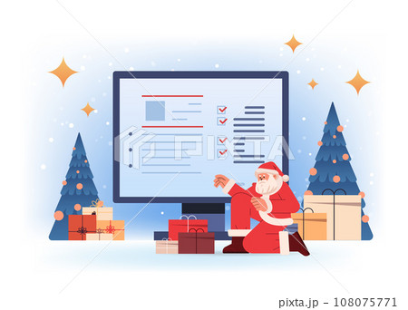 santa claus in red costume choosing resume curriculum vitae of new employees job candidates recruitment hiring happy new year merry christmas 108075771