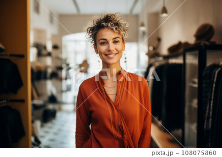 Portrait of beautiful young woman in a women's clothing and accessories store. Owner or manager with elegant short hairstyle greets customers. Successful small business in beauty and fashion industry. 108075860