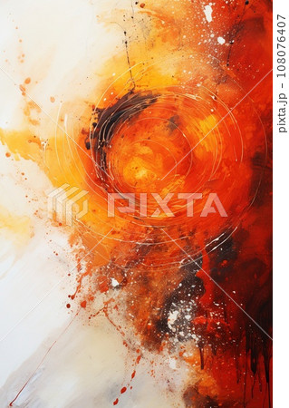 Vibrant abstract painting with bright splashes of red, orange, and yellow in a modern futuristic style, perfect for adding energy and movement to your designs. Vibrant abstract painting with bright splashes of red, orange, and yellow in a modern futuristic style, perfect for adding energy and movement to your designs. 108076407