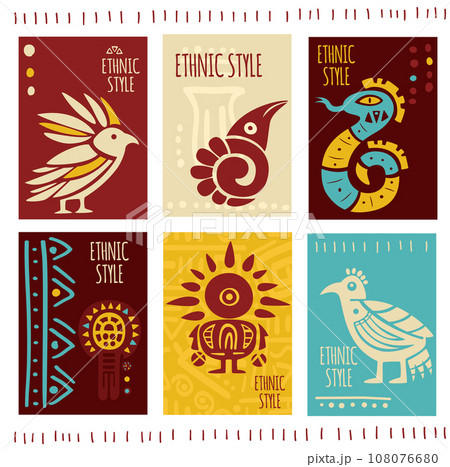 Set of eye-catching card, banner, background, flyer, placard with ethnic ornaments. Collection of cards, gift tags, labels or posters templates with african tribal motifs Set of eye-catching card, banner, background, flyer, placard with ethnic ornaments. Collection of cards, gift tags, labels or posters templates with african tribal motifs 108076680