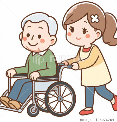 車いすに乗るおじいさんと介助する女性 108076764