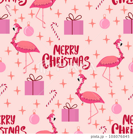 Pink Christmas pattern with flamingo.  Pink Christmas pattern with flamingo.  108076845