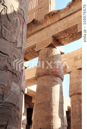 Ancient Column With Colorful Mural Wall Painting, Karnak temple complex, Luxor, Egypt, North Africa 108076876