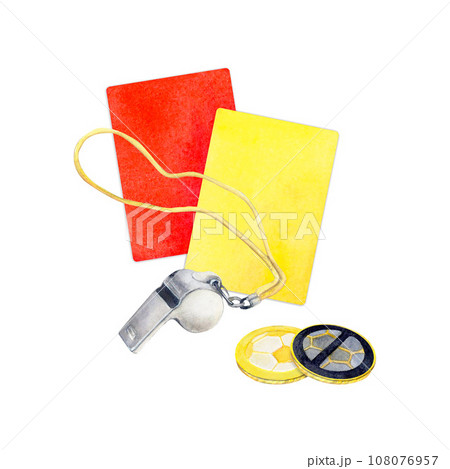 Watercolor drawing set of football whistle, red and yellow warning cards and two coins. Scillfully painted illustration isolated on white background. For logo banner icon postcard poster sticker print Watercolor drawing set of football whistle, red and yellow warning cards and two coins. Scillfully painted illustration isolated on white background. For logo banner icon postcard poster sticker print 108076957