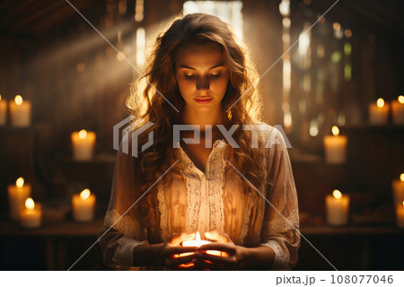 Young Caucasian woman holds a burning candle in her hands and reads a prayer 108077046