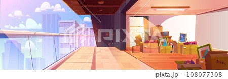 Unfurnished room with belongings in cardboard box 108077308