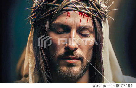 Jesus Christ wearing crown of thorns. Jesus Christ wearing crown of thorns Passion and Resurection. Generative AI 108077484