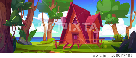 Wooden house in forest with river 108077489