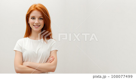 young redhead woman portrait isolated on white. Photo of ecstatic lady in casual clothes smiling isolated bright background. Generative AI young redhead woman portrait isolated on white. Photo of ecstatic lady in casual clothes smiling isolated bright background. Generative AI 108077499
