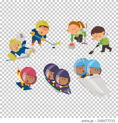 ウィンタースポーツを楽しむ子どもたちのイラストセット 108077533