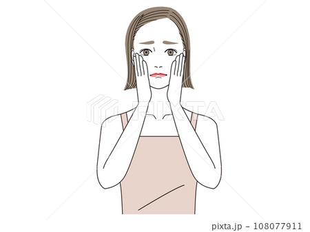 両手を頬にあてて悩んでいる表情の女性 両手を頬にあてて悩んでいる表情の女性 108077911