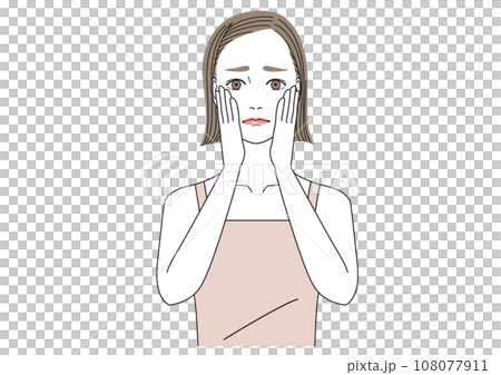 両手を頬にあてて悩んでいる表情の女性 両手を頬にあてて悩んでいる表情の女性 108077911