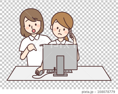 A nurse instructing a junior colleague how to use a computer 108078779
