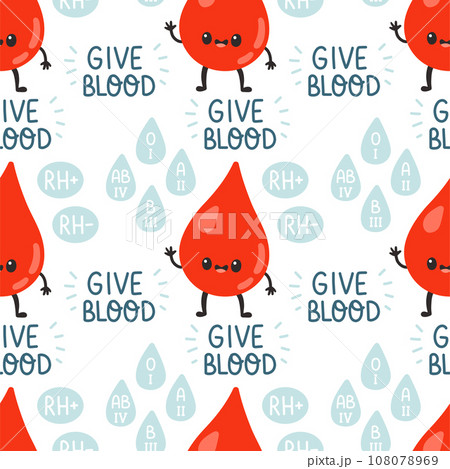 Blood donation seamless pattern with doodle elements. World blood donor day. Vector illustration for web page 108078969