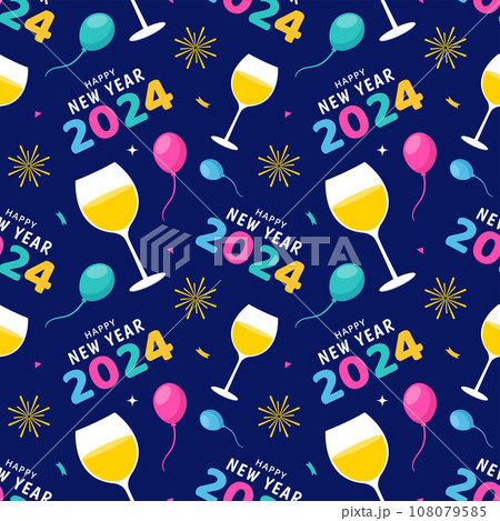 Happy New Year 2024 Seamless Pattern Illustration with Elements Decoration New Years Background 108079585