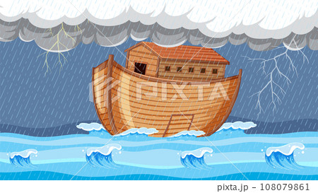 Big Wooden Boat Floating in Heavy Rainstorm Big Wooden Boat Floating in Heavy Rainstorm 108079861
