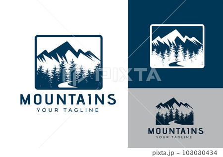 Mountains Hills Rivers and Pine Trees Retro Vintage Style for Adventure Badge Logo Design Vector Mountains Hills Rivers and Pine Trees Retro Vintage Style for Adventure Badge Logo Design Vector 108080434
