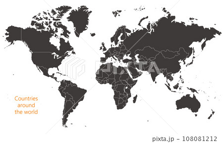 国境線のある世界地図、大西洋、モノクロ 108081212
