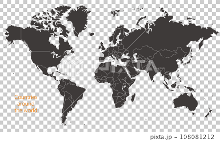 国境線のある世界地図、大西洋、モノクロ 108081212