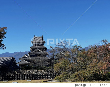 秋の青空に映える松本城 108081337