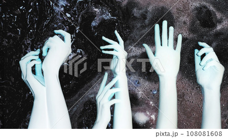 Negative effect. Psychedelic energy. Fantasy galaxy. Blue woman alien hands arms on dark glitter bubble fluid ink abstract background double exposure. Negative effect. Psychedelic energy. Fantasy galaxy. Blue woman alien hands arms on dark glitter bubble fluid ink abstract background double exposure. 108081608
