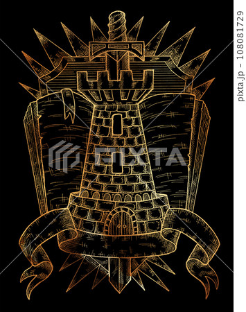 Golden coat of arms with old book, tower and banner against black background. Hand drawn heraldry, heraldic decorative emblem, vintage illustration with historical symbols. Golden coat of arms with old book, tower and banner against black background. Hand drawn heraldry, heraldic decorative emblem, vintage illustration with historical symbols. 108081729