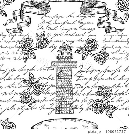 Seamless pattern with medieval tower, banner and handwritten text on white. Vintage hand drawn background. No foreign language, only fantasy symbols Seamless pattern with medieval tower, banner and handwritten text on white. Vintage hand drawn background. No foreign language, only fantasy symbols 108081737