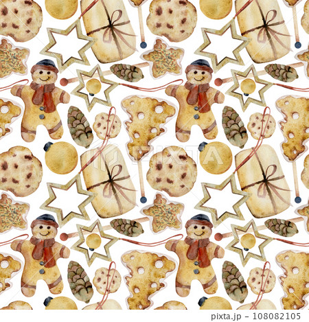 Hand drawn watercolor illustration. Homemade shortbread cookies, gingerbread, craft gift, pinecone, Christmas ornament. Seamless pattern isolated on white background. Bakery shop, logo, paper, card Hand drawn watercolor illustration. Homemade shortbread cookies, gingerbread, craft gift, pinecone, Christmas ornament. Seamless pattern isolated on white background. Bakery shop, logo, paper, card 108082105