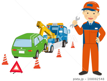 レッカー車で運ばれる車と作業スタッフ 108082548