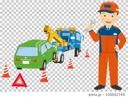 レッカー車で運ばれる車と作業スタッフ 108082548