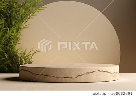 Podium Product Display Presentation with Sandstone and Plants 108082891