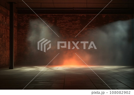 Empty Room with Brick Walls, Concrete Floor, Neon Lights, Spotlight, Smoke Background Empty Room with Brick Walls, Concrete Floor, Neon Lights, Spotlight, Smoke Background 108082902