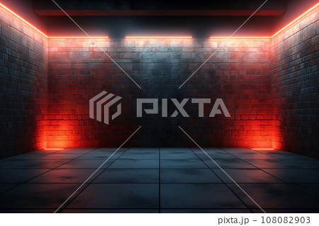 Empty Room with Brick Walls, Concrete Floor, Neon Lights, Spotlight, Smoke Background Empty Room with Brick Walls, Concrete Floor, Neon Lights, Spotlight, Smoke Background 108082903
