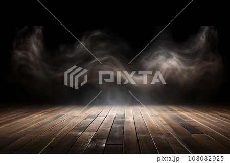 Empty Wooden Floor with Smoke Floating Up on Dark Background 108082925