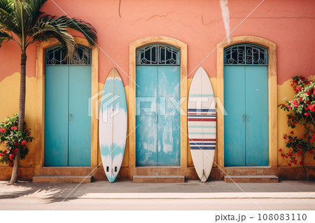 Colorful Surfboard Wall. Beach Ocean Summer Vacation Travel Lifestyle Photography Colorful Surfboard Wall. Beach Ocean Summer Vacation Travel Lifestyle Photography 108083110