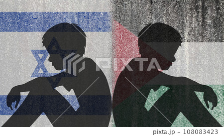 Israel Vs Palestine. Silhouette of sad children sitting with their backs turned Israel Vs Palestine. Silhouette of sad children sitting with their backs turned 108083423