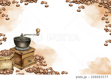 watercolor frame with gunny sack with coffee beans, illustration of full canvas bag with beans, textured brown coffee sack on watercolor background 108083577