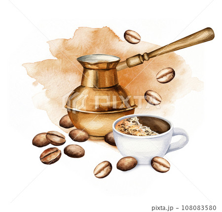 watercolor composition with Turkish coffee pot, cup of espresso, coffee seeds, hand drawn illustration of espresso and cava, collection of coffee theme isolated on brown watercolor background 108083580